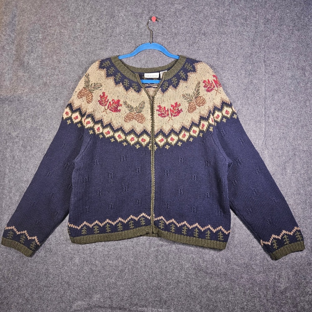 Womens Full Zip Fair Isle Ground Earthy Autumn Cottage Grandma Sweater Size XL